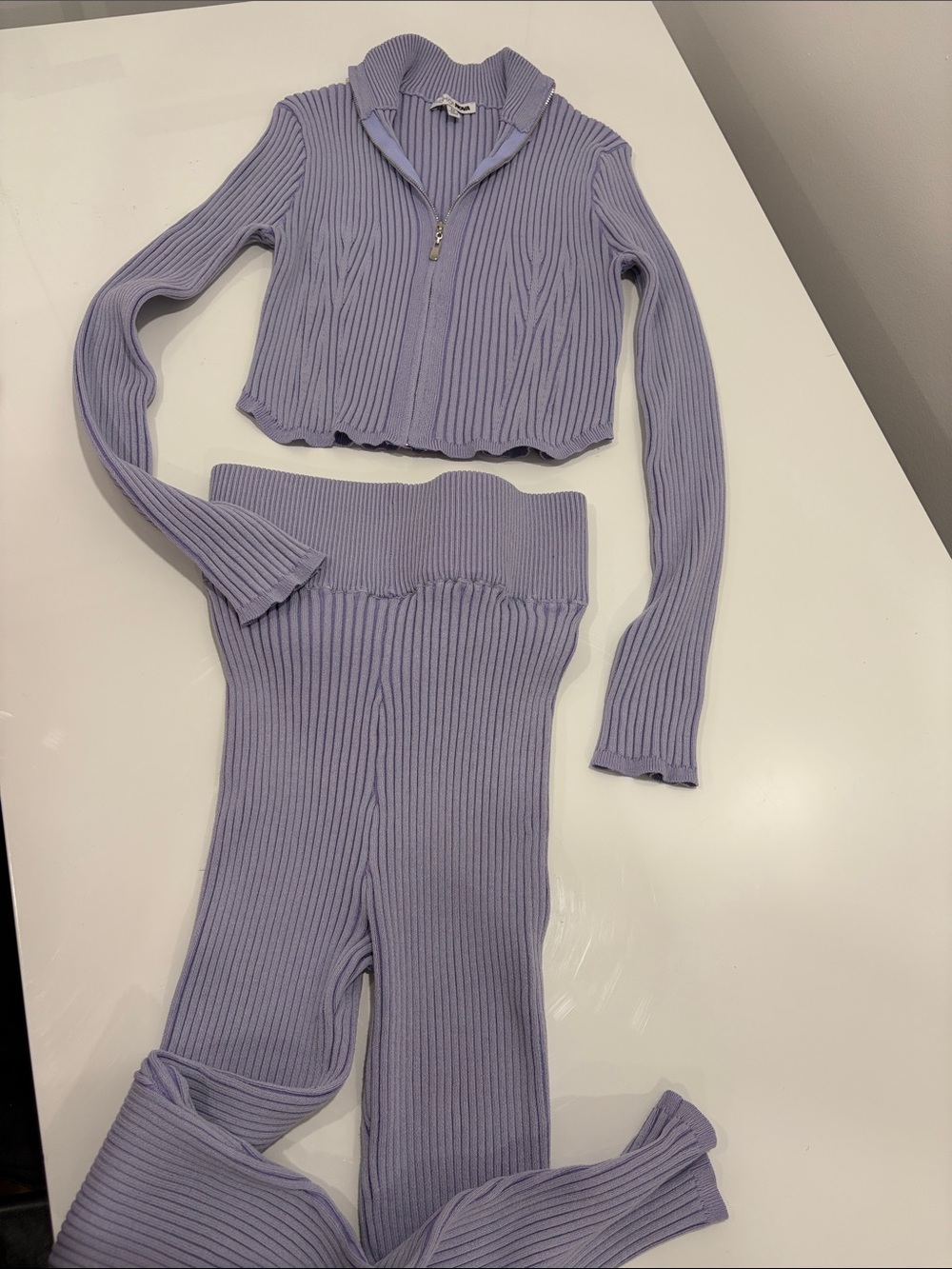 Fashion Nova Lavender Ribbed Zip-Front Cropped Top Pant Set
